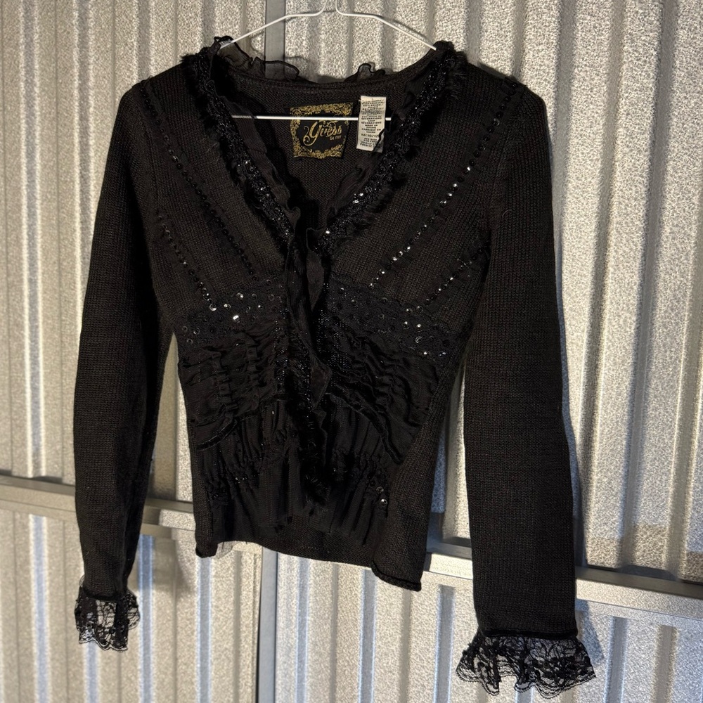 GUESS Black Lace Trim Cardigan Sweater